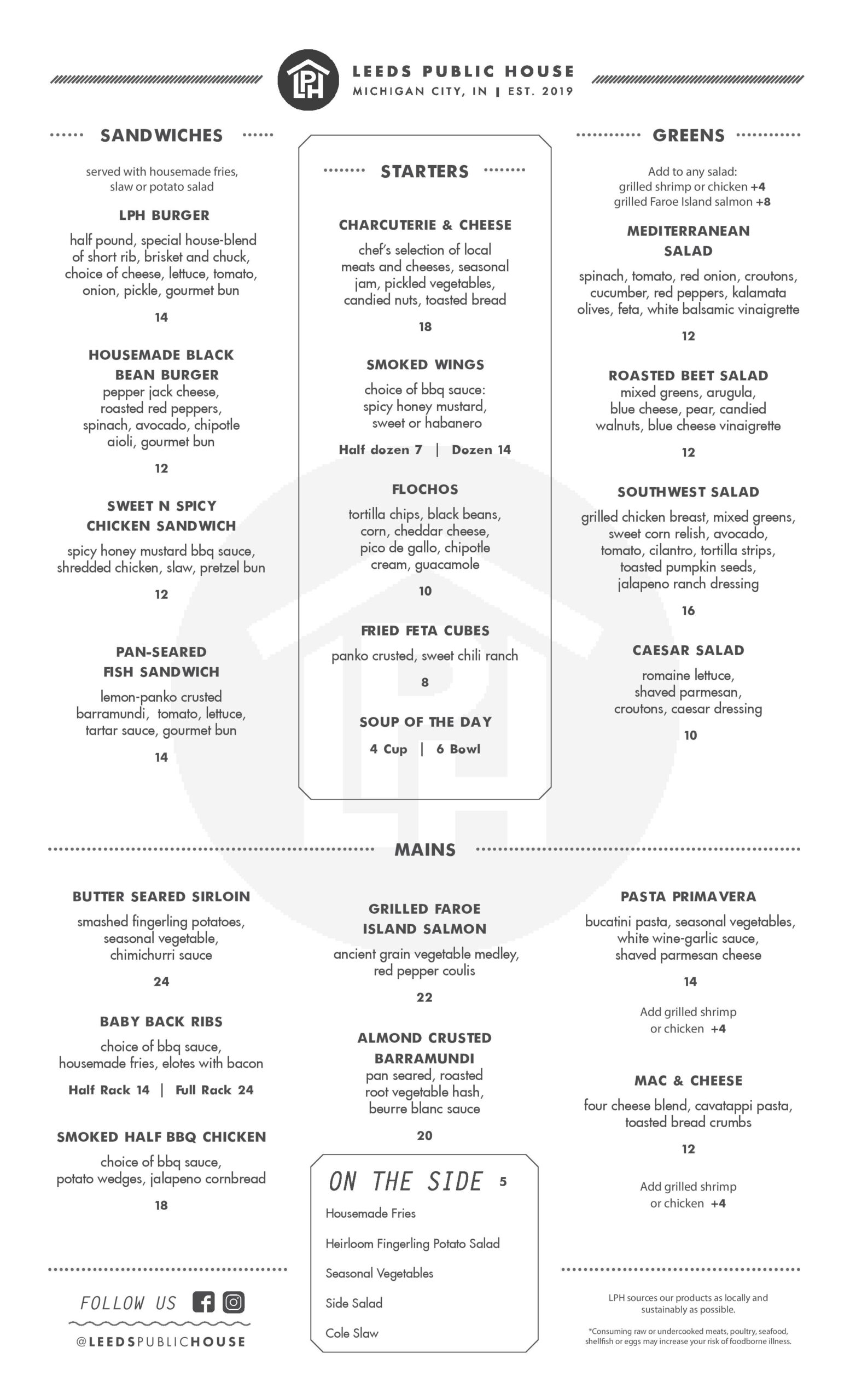 Menu | Leeds Public House | Gastropub In Downtown Michigan City